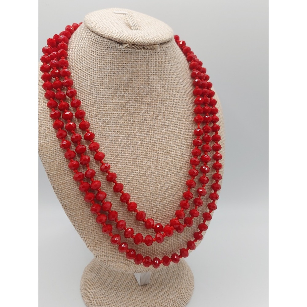 1960s Long Red Faceted Glass Bead Sautoir Necklace Knotted Vintage Maximalist